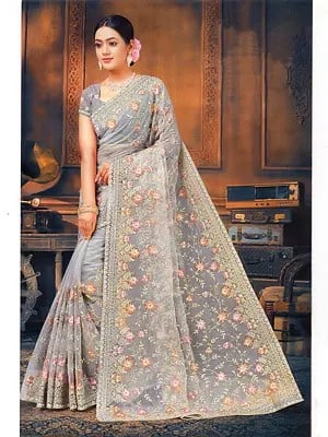 Flint-Gray Designer Net Saree With Heavy Floral Zari Embroidery All-Over