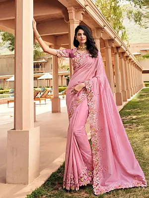Coral-Blush Designer Silk Saree With Heavy Thread Embroidered Border