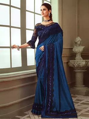 Dark-Blue Shadow Silk Exclusive Party Wear Fancy Saree