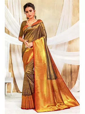 Twilight-Blue Brocaded Banarasi Silk Saree With Woven Pattern All-over
