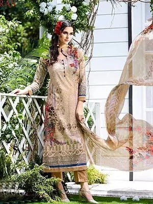 Frosted-Almond Floral Printed Trouser Salwaar Kameez Suit with Embroidery All-Over