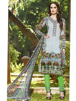 Moonbeam-Gray Digitally Printed Long Suit with Churidar and Dupatta