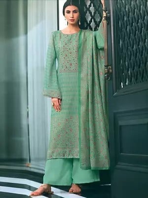 Beach-Glass Self-Woven Poly-Wool Kalamkaari With Embroidery Salwar-Kameez Suit