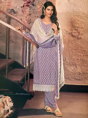 Lavender-Mist Royal Crepe Salwar Kameez Suit With Embroidered Lace and Crochet Border