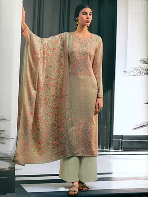 Olive-Gray Self-Woven Poly-Wool Kalamkaari With Embroidery Salwar-Kameez Suit