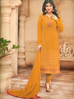 Butterscotch Ayesha-Takia Straight Long Churidar Salwar Kameez Suit with Floral Zari-Embroidery
