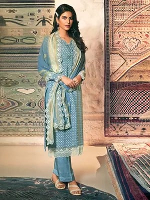Cyaneus Royal Crepe Salwar Kameez Suit With Embroidered Lace and Crochet Border