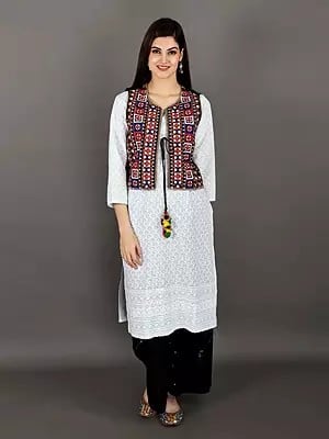 Black-Beauty Phulkari Embroidered Short Waistcoat from Punjab with Mirror Work