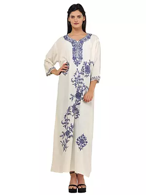 Cannoli-Cream Cotton Kaftan with Floral Aari-Embroidered Flowers