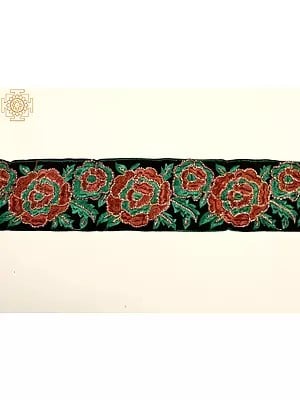 Velvet Border With Thread Embroidered Rose And Sequins