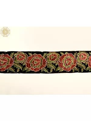 Velvet Border with Thread Embroidered Rose and Sequins