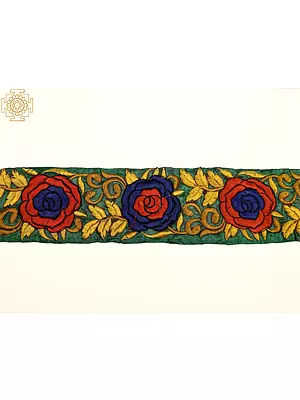 Formal Green Fabric Border with Floral Thread Embroidery