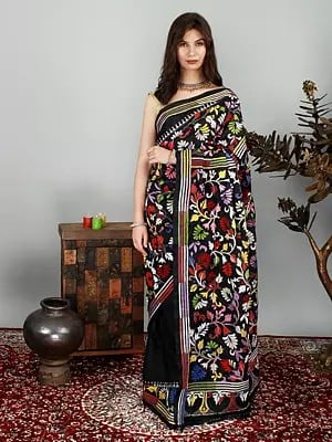 Black-beauty Hand Floral Kantha Embroidered Pure Silk Sari