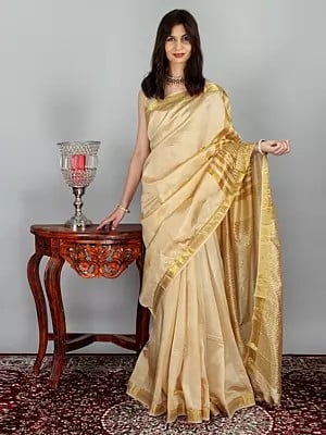 Pearled-Ivory Art Silk Handloom Saree With Gold Striped Pallu