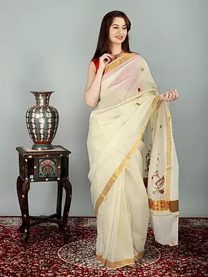 Pristine Kasavu Traditional Saree from Kerala With Peacock Embroidered Pallu And Golden Border