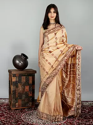 Gilded-Beige Baluchari Silk Handloom Saree from Bengal With Garden And Shiv Archana Depiction On Pallu