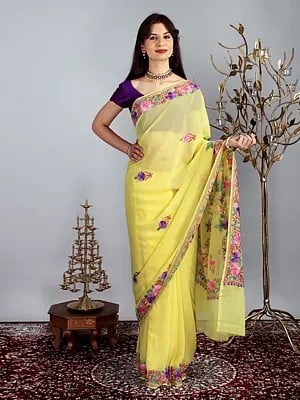 Yellow-Cream Georgette Kashmiri Sari with Kashida Embroidery