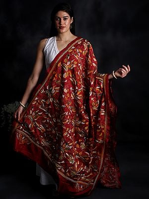 Tussar Silk Dupatta With Nakshi Kantha Embroidery From Bengal