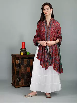 American-Beauty Cashmere Shawl From Amritsar with Kani Woven Multicolor Flowers and Paisleys