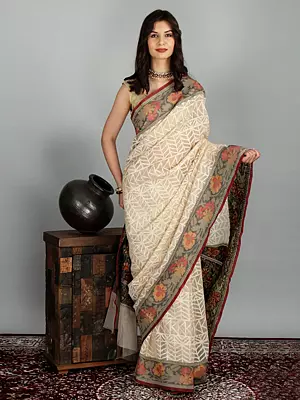 Banarasi Silk Kora Net Saree with Floral Hand-Woven Pattern Border and Pallu