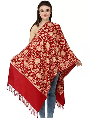 Haute-Red Stole from Kashmir with Overall Floral Aari Hand-Embroidery