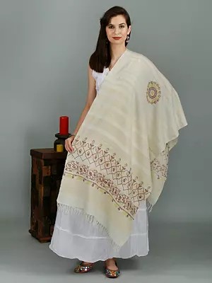 Handwoven Pure Wool Stole From Uttarakhand With Woven Stripes And Floral Hand Embroidery