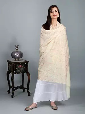 Pearled-Ivory Tusha Shawl from Kashmir with Sozni Hand-Embroidery