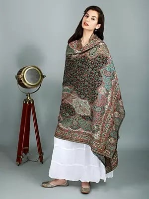 Black-Onyx Shawl From Amritsar with Kani Woven Multicolor Flowers and Paisleys