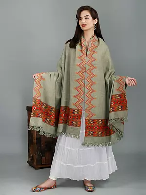 Roasted-Cashew Kinnauri Broad Woven Border Shawl from Kullu