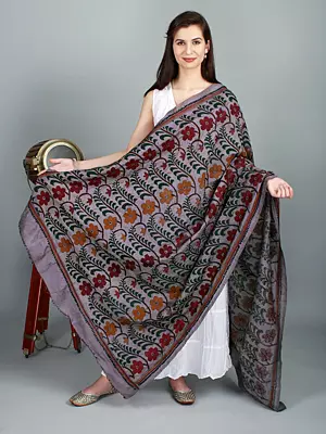 Lavender-Gray Flower and Leaf Embroidered Kantha Dupatta