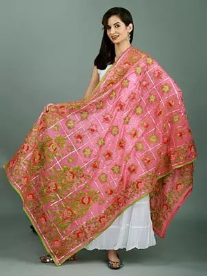 Pink-Flambe Silk Phulkari Dupatta with Floral Embroidery from Punjab