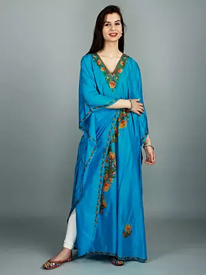 Hawaiian-Ocean Long Kashmiri Kaftan With Floral Aari Hand Embroidery