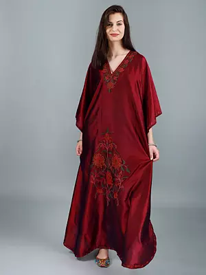 Red-Dahlia Long Kashmiri Kaftan With Floral Aari Hand Embroidery