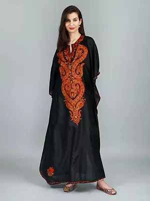 Caviar Long Kashmiri Silk Kaftan with Kashidakari Flowers