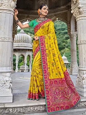Mimosa Heavy Zari Sequins Diamante & Thread Embroidered Work All-over Silk Saree with Contrast Pallu From Surat