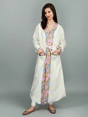 Snow-White Kashmiri Robe with Aari Hand-Embroidered Flowers