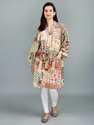 Multicolor Vintage Quilted Cotton Handmade Kantha Kimono Robe