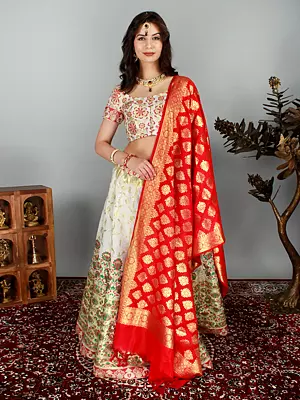 Brilliant-White Lehenga Choli with Multicolor Floral Rich Brocade Design