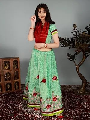 Zephyr-Green Designer Banarasi Lehenga Choli with Metallic-Thread Embroidery and Velvet Applique