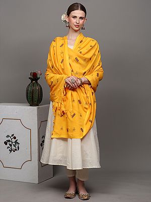 Prayer Shawl with Zari Embroidered Trishul and Dholak