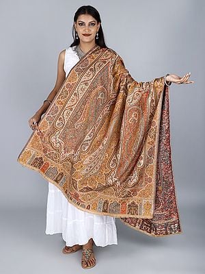 Clay Woolen Jamawar Shawl With Woven Paisley And Flower Motif