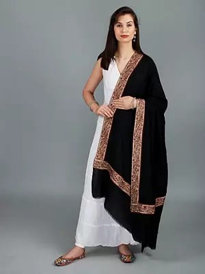 Black-Beauty Shawl from Amritsar with Paisleys Needle Embroidered Patch Border