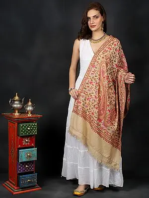 Stole from Kashmir with Aari-Hand-Embroidered Floral and Giant Paisleys