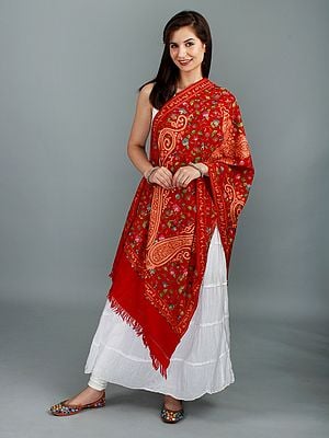 Stole from Kashmir with Aari-Hand-Embroidered Floral and Giant Paisleys