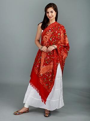 Salsa Stole from Kashmir with Aari-Hand-Embroidered Floral and Giant Paisleys