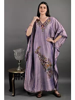 Pale-Pansy Long Kashmiri Kaftan With Floral Aari Hand Embroidery