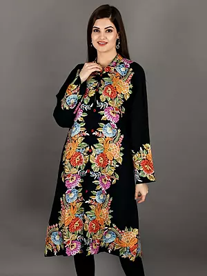 Black-Beauty Pure-Wool Long Jacket from Kashmir with Giant Aari-Embroidered Flowers