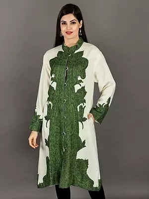 Marshmallow Pure-Wool Long Jacket From Kashmir With Giant Aari-Embroidered Paisley and Flowers