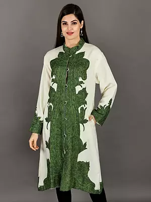Marshmallow Pure-Wool Long Jacket from Kashmir with Giant Aari-Embroidered Paisley and Flowers