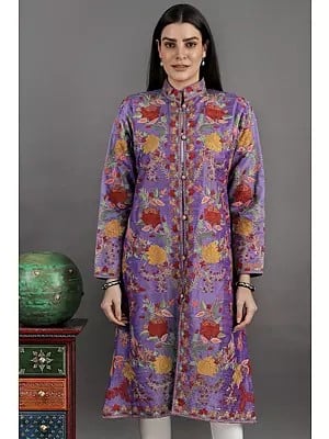Iris-Orchid Silk Long Jacket From Kashmir With All-Over Floral Aari Embroidery